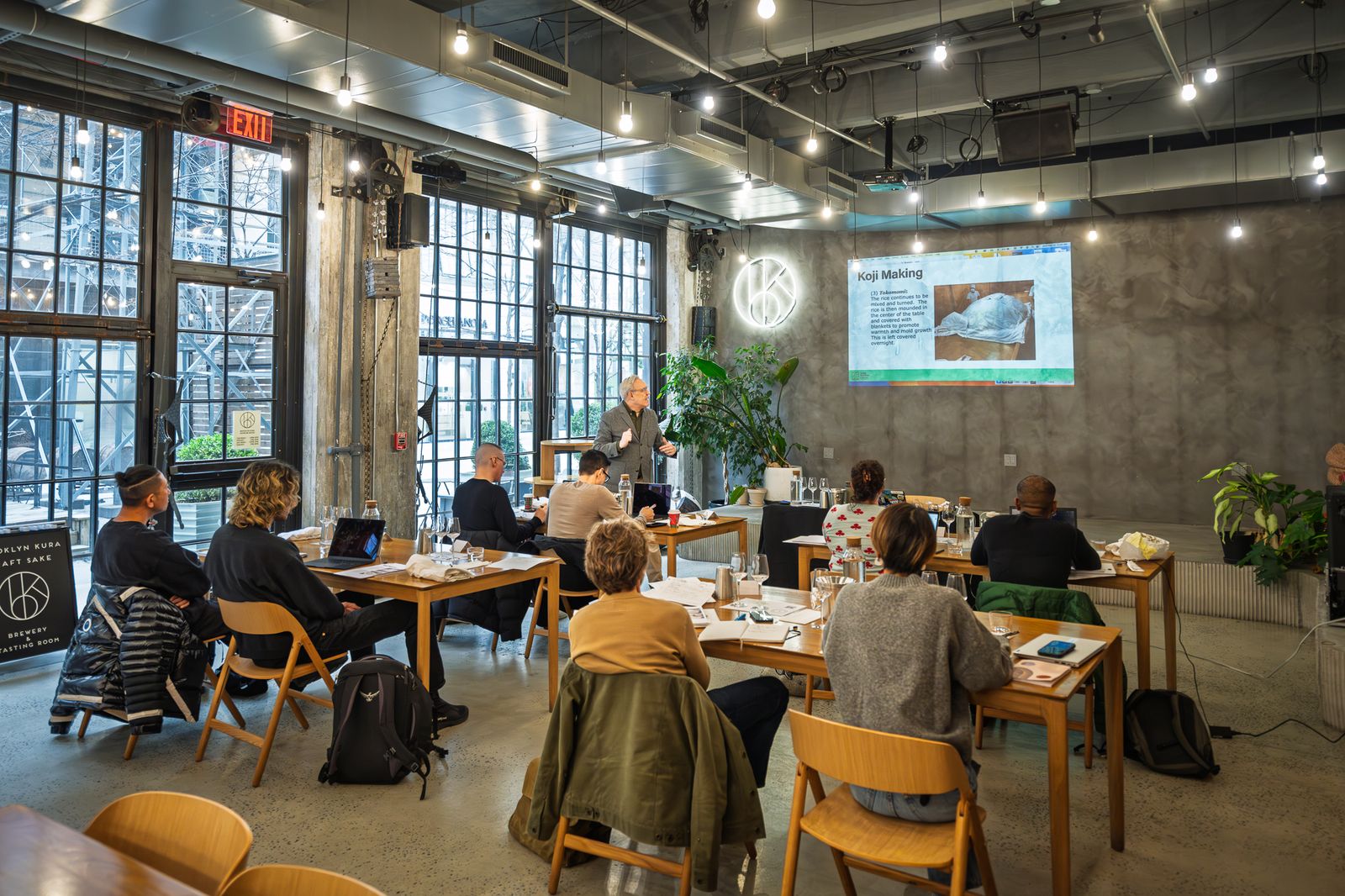 Timothy Sullivan teaching sake theory to the Advanced class in the Brooklyn Kura taproom