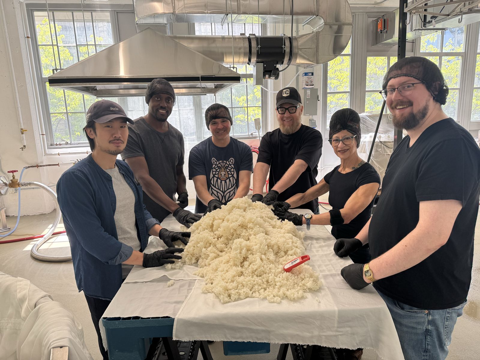 Advanced students working a mound of steamed rice by hand during the brewing day