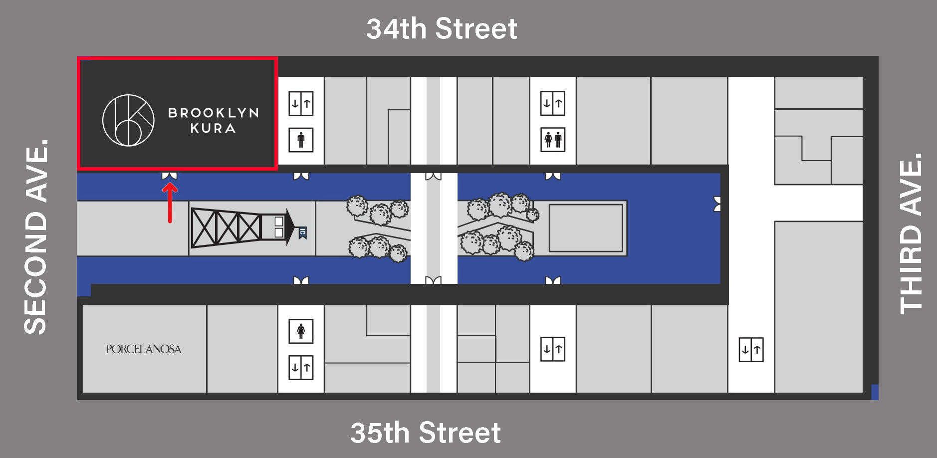 Illustrated map showing how to find Brooklyn Kura in the Industry City Building 6 inner courtyard