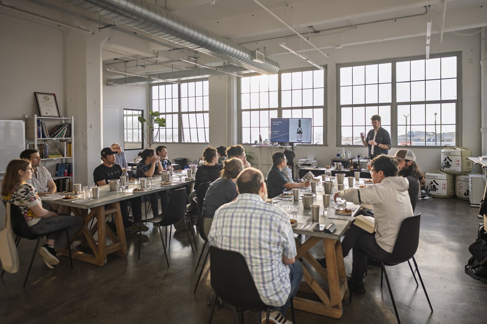 A full classroom at the Sake Studies Center during a shochu tasting class